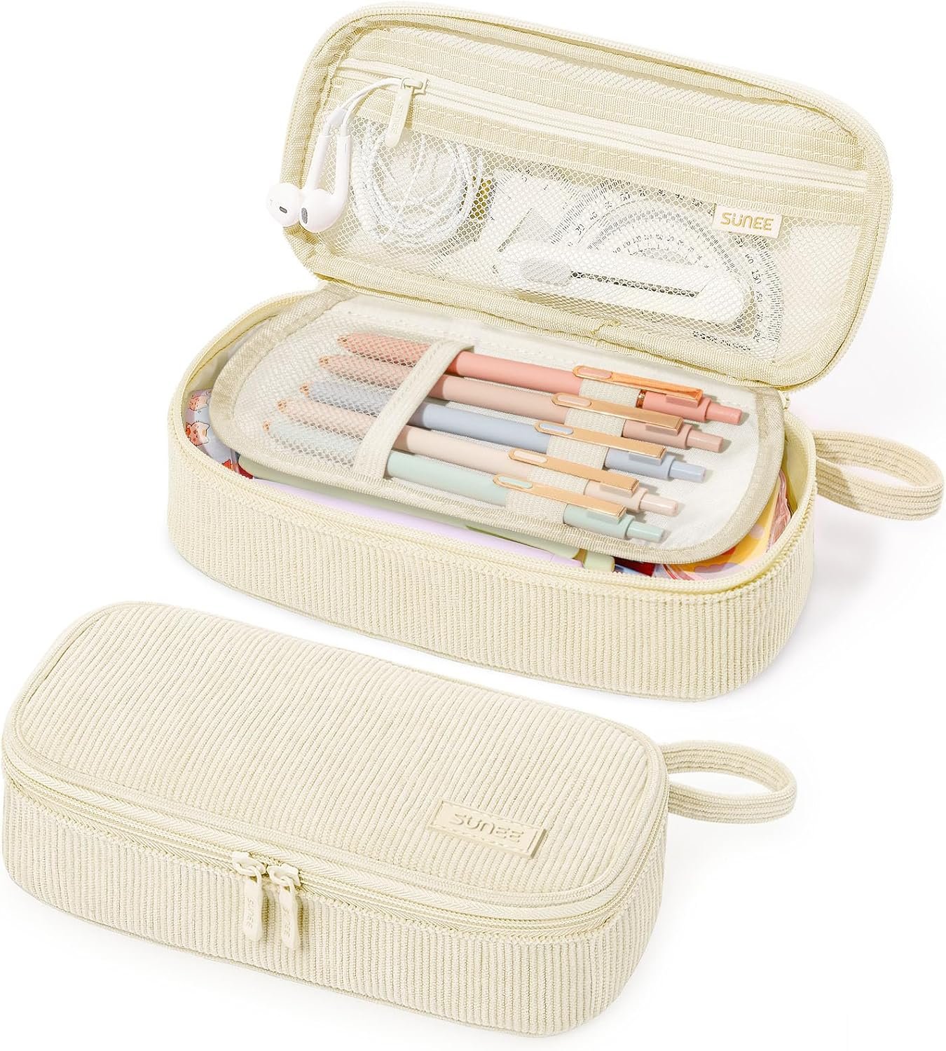 Custom Logo Cute Large Capacity Pencil Case Aesthetic Zipper Pencil Pouch Big Storage Soft Corduroy Pen Organizer Private Label Back to School Supplies for Teen Girls Boys Beige Supplier