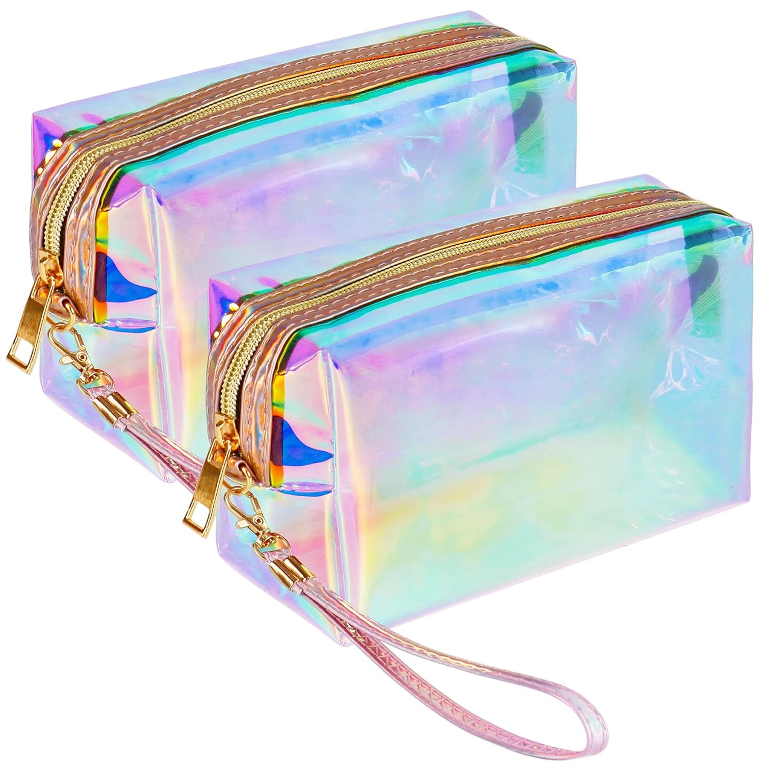 Private Label 2pcs Clear Iridescent Holographic Makeup Bag Custom Logo Travel Cosmetic Pouches Zipper Toiletry Organizer Case for Purse Diaper Beach Bag Manufacturer