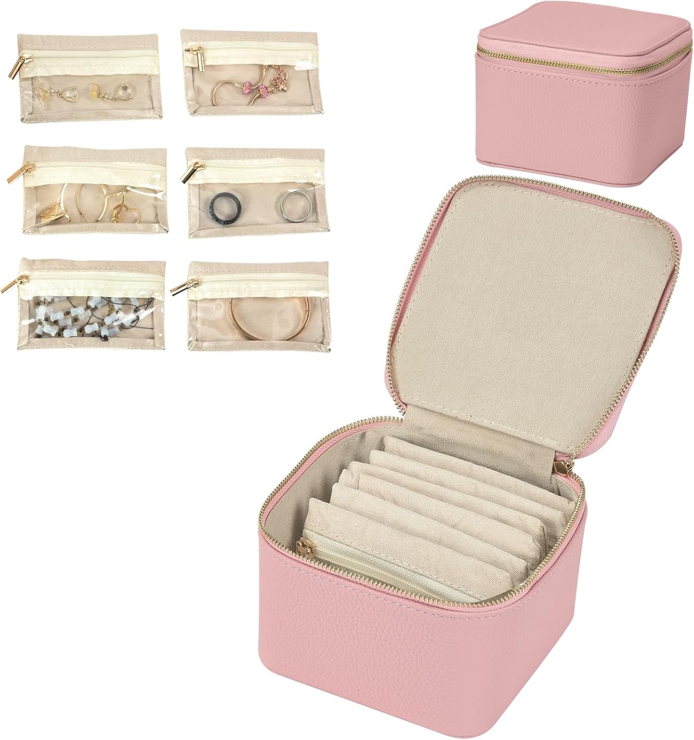 Custom Logo Travel Jewelry Organizer Private Label Box with 6 Velvet Zipped Pouches for Necklaces Rings Earrings Storage Gifts for Women and Girls Blush Manufacturer