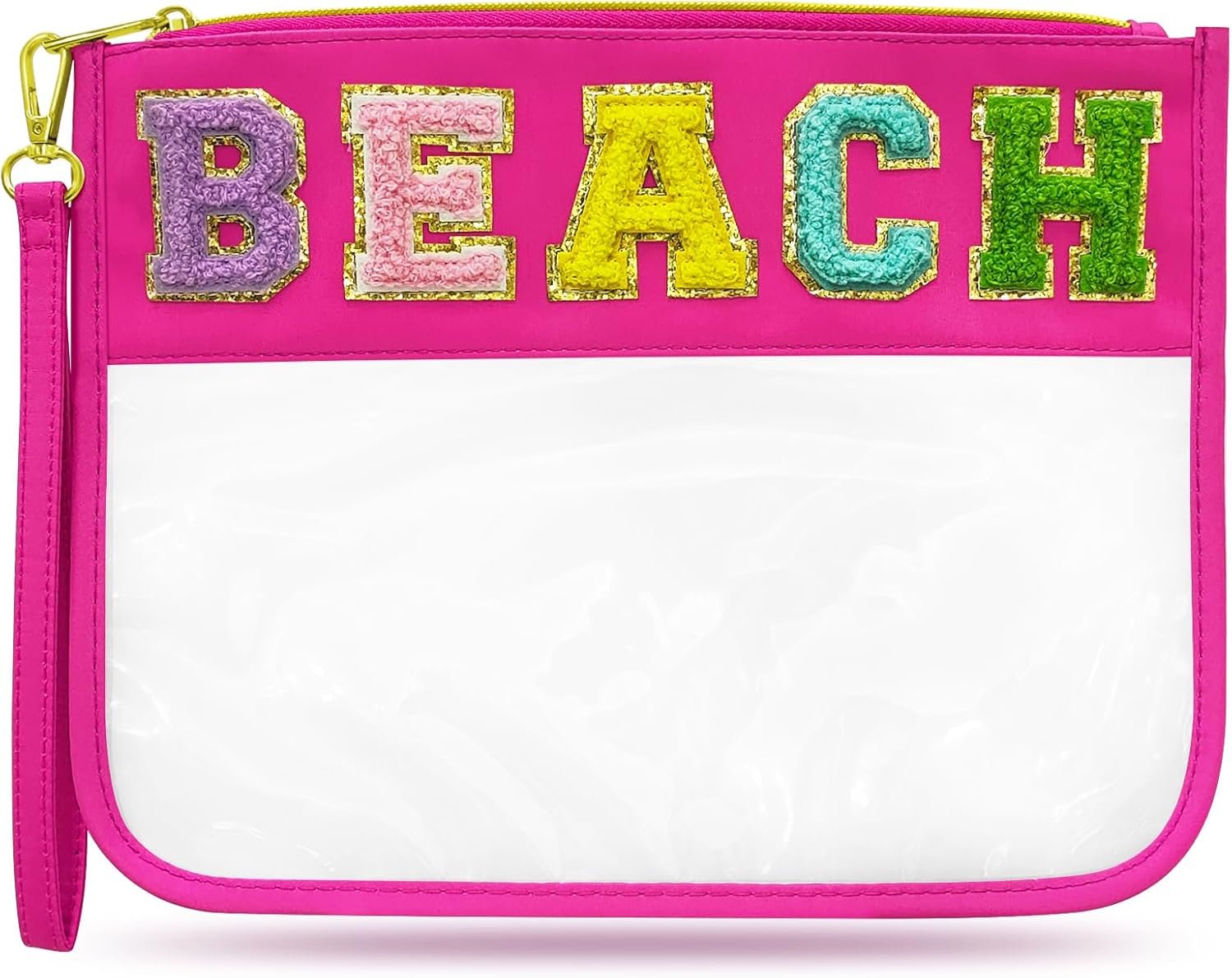 Custom Logo Chenille Letter Clear Beach Bag Nylon Makeup Zipper Pouch Private Label Travel Cosmetic Toiletry SPF Sunscreen Bag Waterproof Beach Vacation Accessories for Women Rose Red Manufacturer