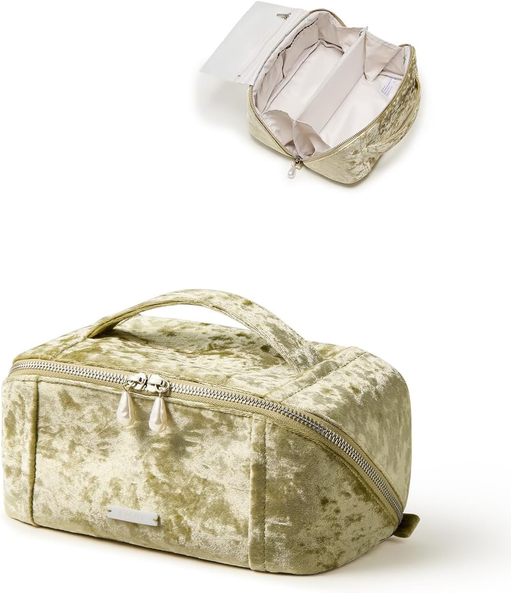 Custom Logo Velvet Travel Makeup Bag for Women Portable 180° Wide-Open Flat Toiletry Bag Private Label Large Capacity Organizer with Divider and Handle Manufacturer