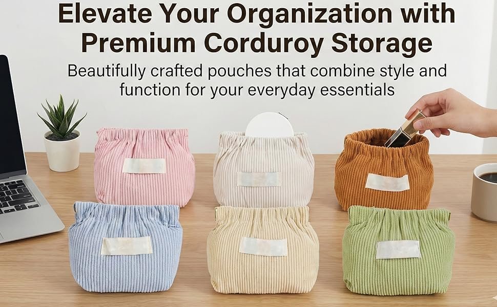 Custom Logo 7-IN-1 Corduroy Makeup Bag Set (6 Bags + 1 Mirror) Squeeze-to-Open Private Label Mini Pouch for Purse No-Zipper Cosmetic Bag for Hair Ties Lipsticks Aesthetic Travel Organizer for Women Manufacturer