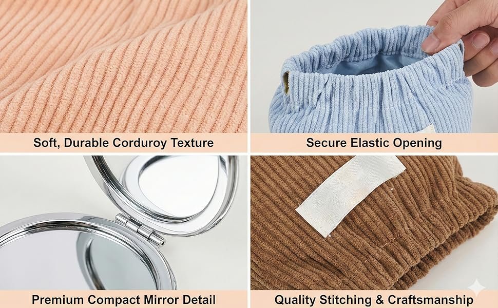 Custom Logo 7-IN-1 Corduroy Makeup Bag Set (6 Bags + 1 Mirror) Squeeze-to-Open Private Label Mini Pouch for Purse No-Zipper Cosmetic Bag for Hair Ties Lipsticks Aesthetic Travel Organizer for Women Manufacturer