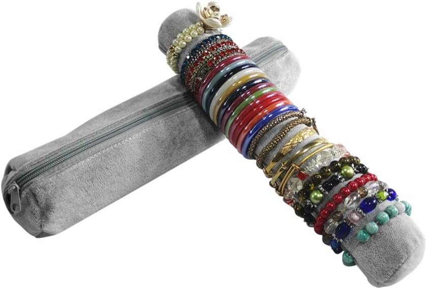 Private Label Bracelet Bangle Watch Roll Travel Pouch Jewelry Organizer - Black Gray Velvet Portable Zipper with Custom Logo Removable Roll Insert for 12.5