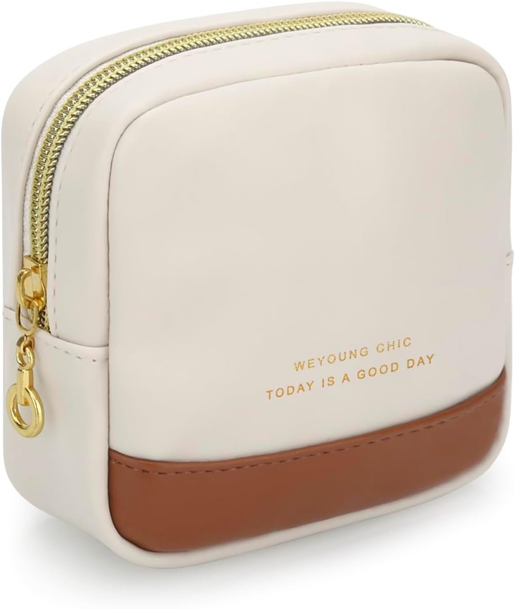 Custom Logo Small PU Leather Makeup Bag for Purse - Private Label Mini Travel Cosmetic Pouch Toiletry Organizer with Interior Pockets Zipper for Women Beige Manufacturer