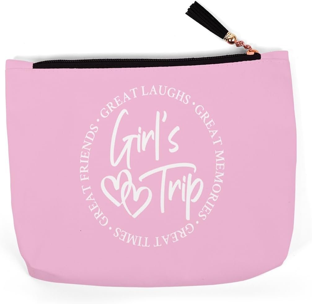 Private Label Pink Girls Trip Weekend Travel Makeup Bags Pouches with Custom Logo for Friends Besties Sisters Women Daughters Moms Coworkers Manufacturer 9.4 x 6.9 x 1.9 Inches
