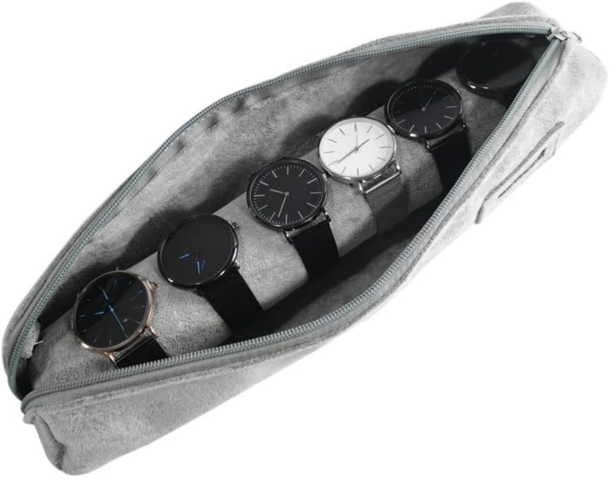Private Label Bracelet Bangle Watch Roll Travel Pouch Jewelry Organizer - Black Gray Velvet Portable Zipper with Custom Logo Removable Roll Insert for 12.5