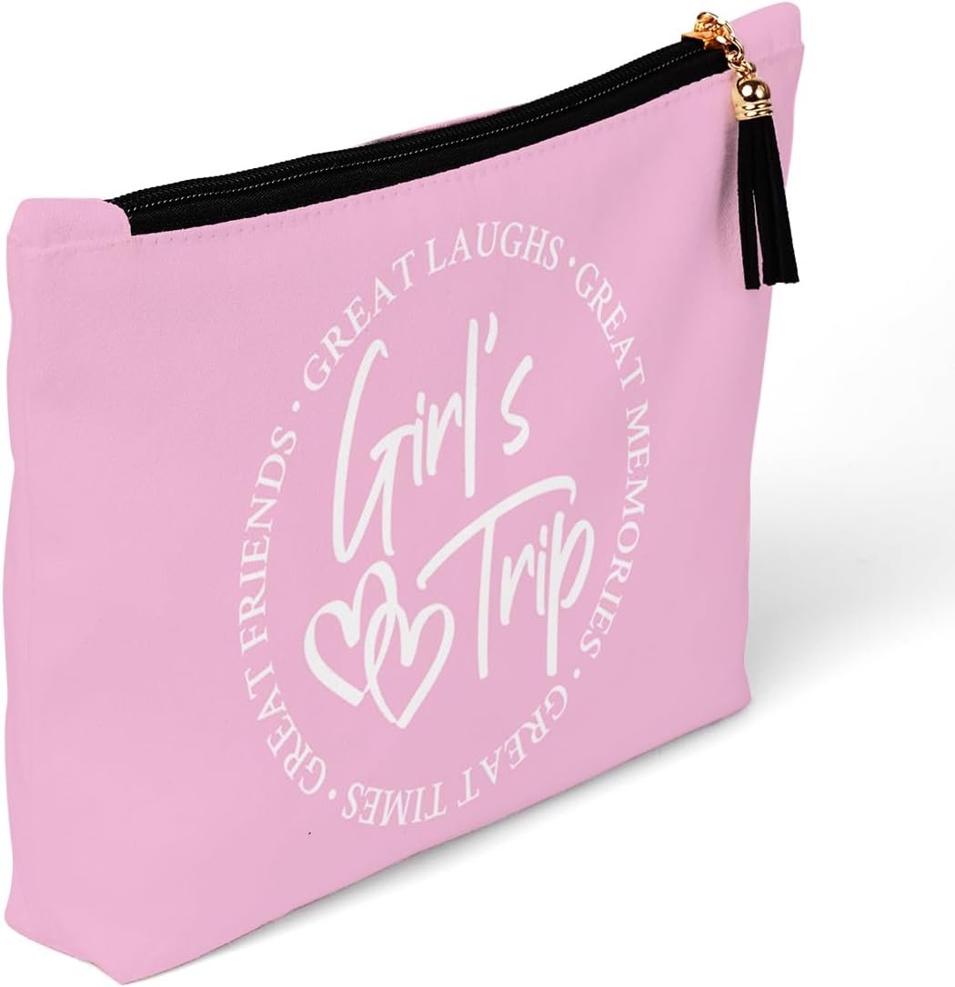 Private Label Pink Girls Trip Weekend Travel Makeup Bags Pouches with Custom Logo for Friends Besties Sisters Women Daughters Moms Coworkers Manufacturer 9.4 x 6.9 x 1.9 Inches