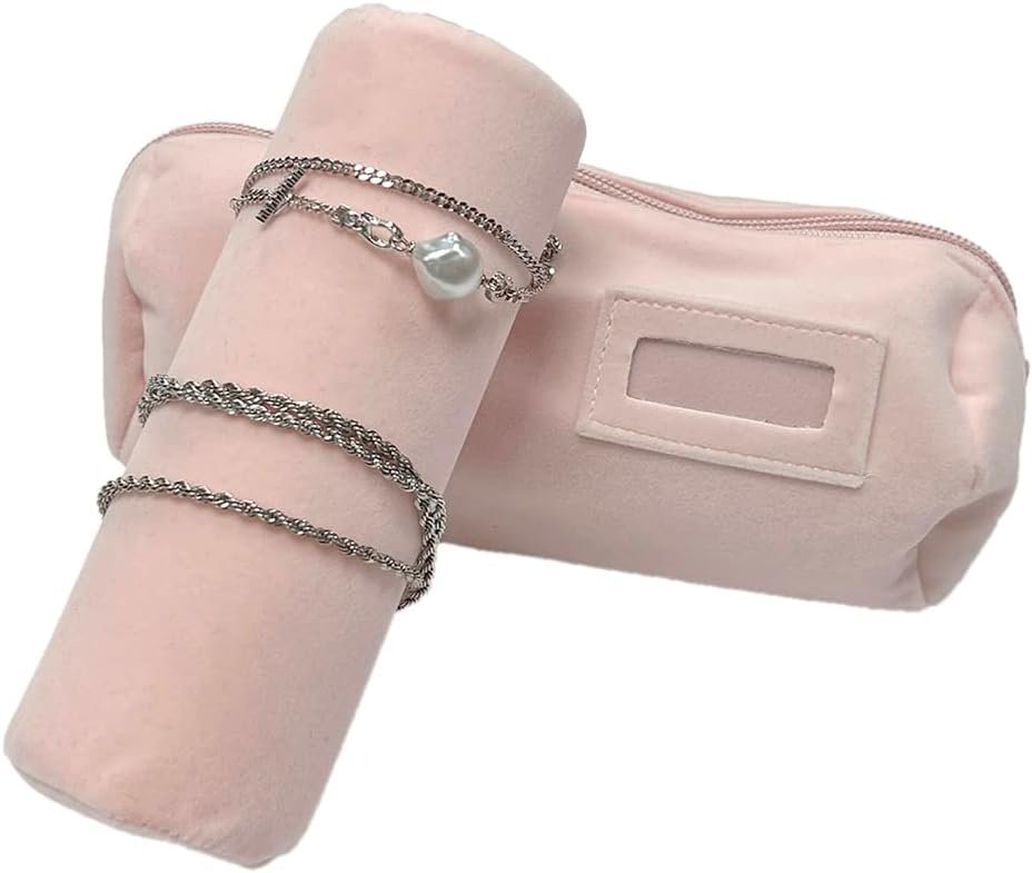 Factory Small Velvet Jewelry Roll Bag for Bracelets Bangles Watches Custom Logo Pink Travel Organizer Private Label