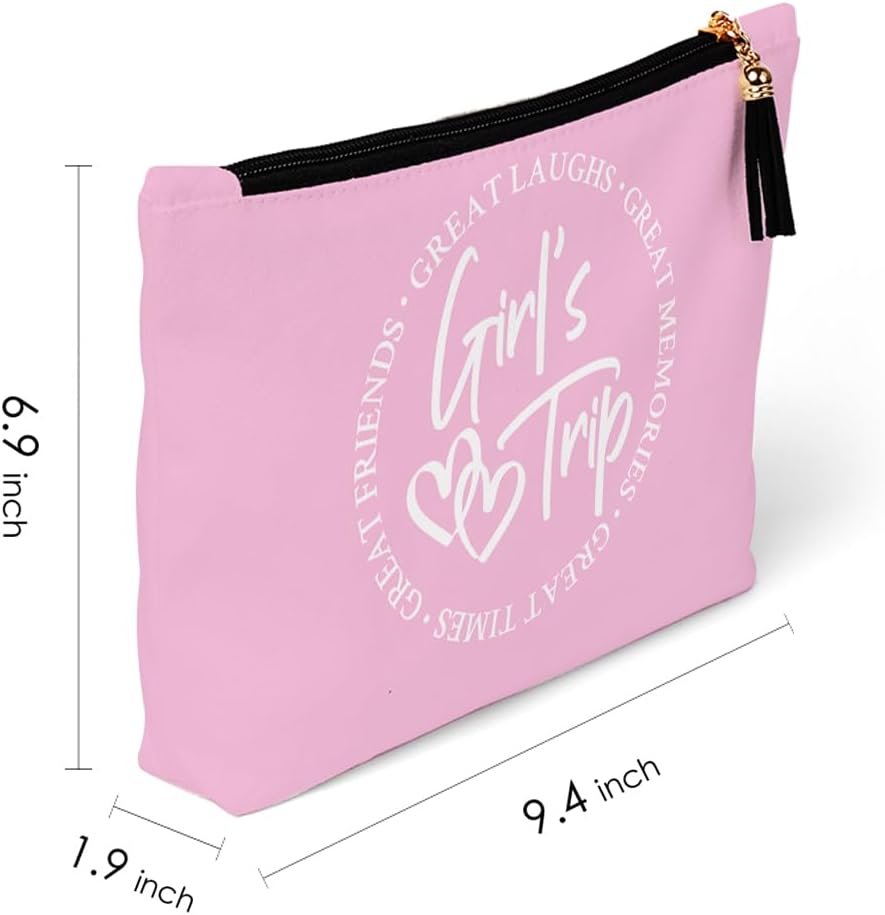 Private Label Pink Girls Trip Weekend Travel Makeup Bags Pouches with Custom Logo for Friends Besties Sisters Women Daughters Moms Coworkers Manufacturer 9.4 x 6.9 x 1.9 Inches