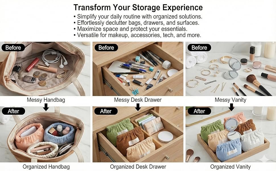 Custom Logo 7-IN-1 Corduroy Makeup Bag Set (6 Bags + 1 Mirror) Squeeze-to-Open Private Label Mini Pouch for Purse No-Zipper Cosmetic Bag for Hair Ties Lipsticks Aesthetic Travel Organizer for Women Manufacturer