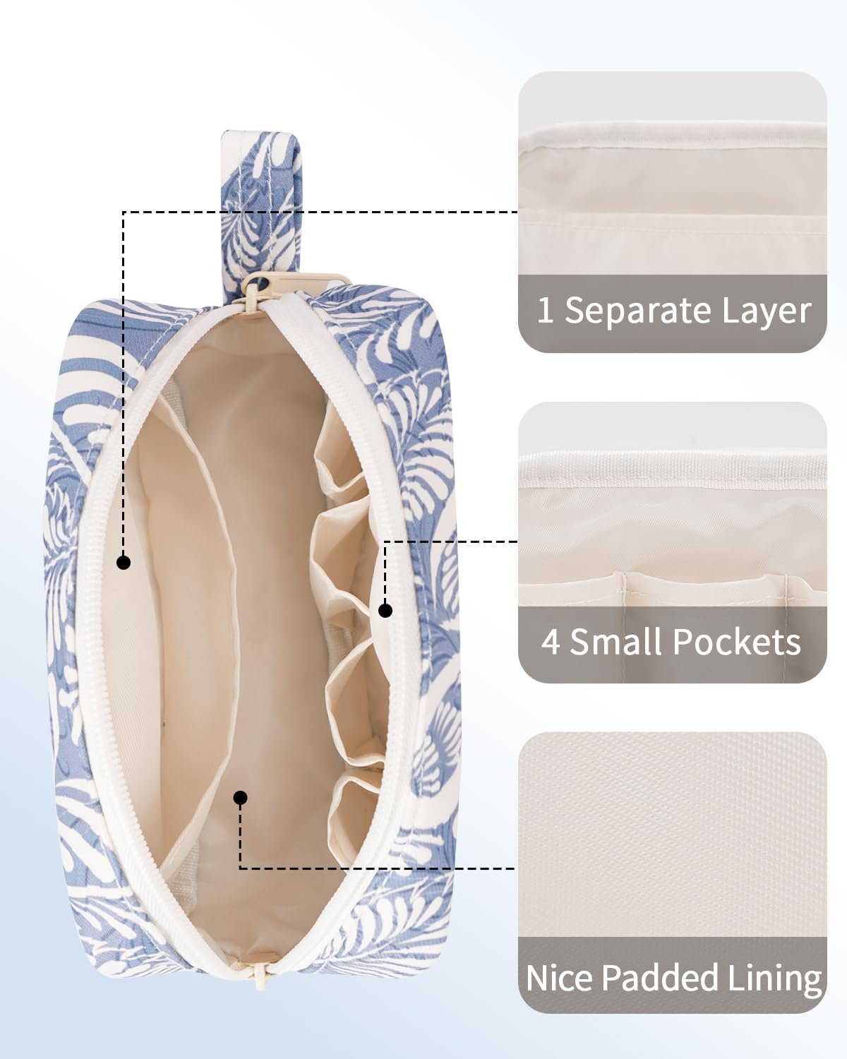 Private Label Mini Makeup Bag with Zipper, Custom Logo Organized Pockets Pouch for Women Manufacturer (Blue Leaf, Small)