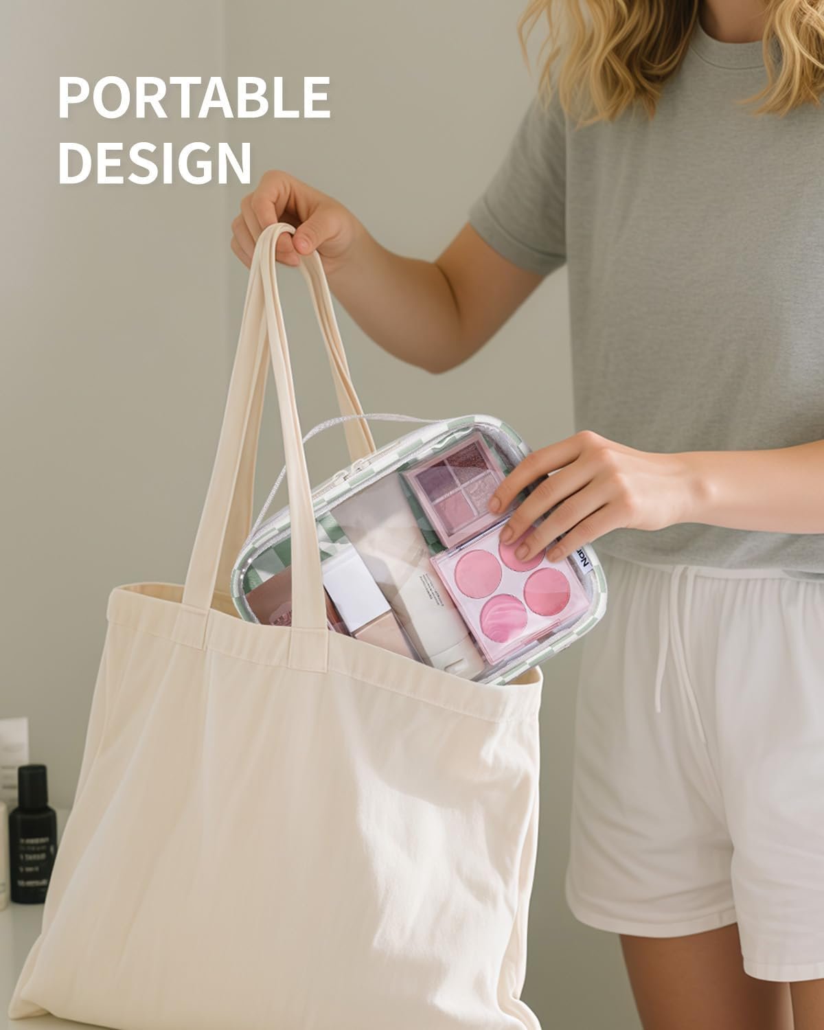 Private Label TSA Approved Clear Toiletry Bag for Travel, Custom Logo Waterproof PVC Compact Makeup Cosmetic Organizer, Quart Size Portable Airport Airline Compliant Bag from Manufacturer (Mint Green Checkerboard)