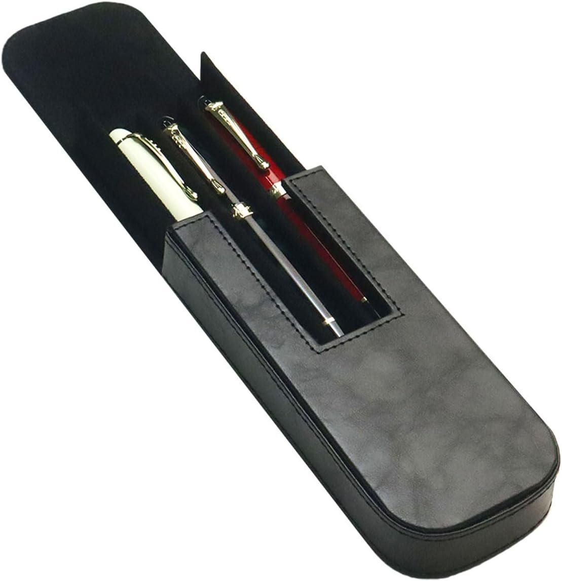 Manufacturer Leather Triple Pen Case Private Label Pencil Pouch Holder for Three Fountain Ballpoint Rollerball Pens and Pencils Custom Logo Office Gift Black