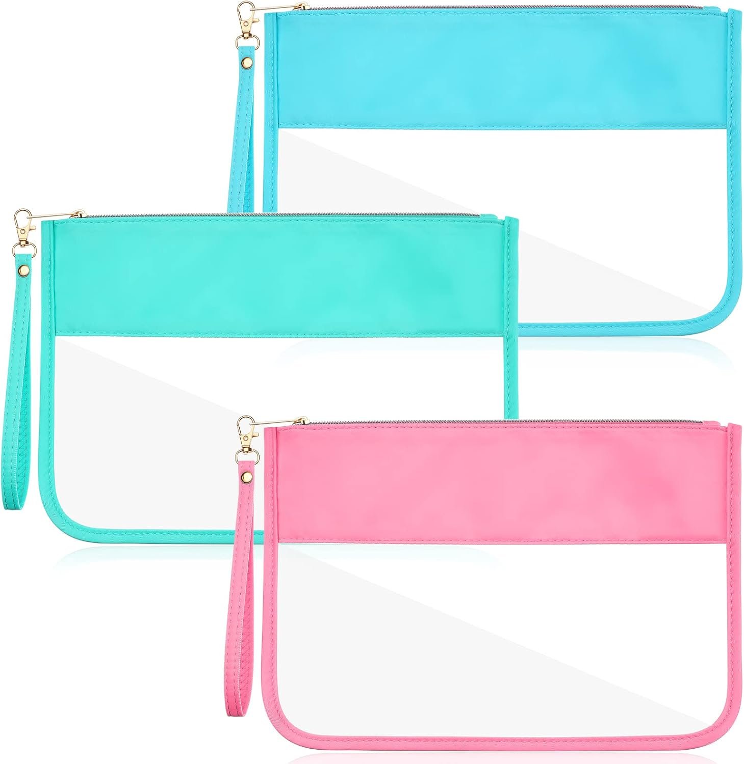 Custom Logo 3 Pcs Clear Zipper Pouches Nylon Makeup Bags Set Cosmetic Waterproof DIY Organizer Travel Toiletry Portable Storage Private Label Preppy PVC Flat Pouch Manufacturer Pink Green Blue for Women Girls