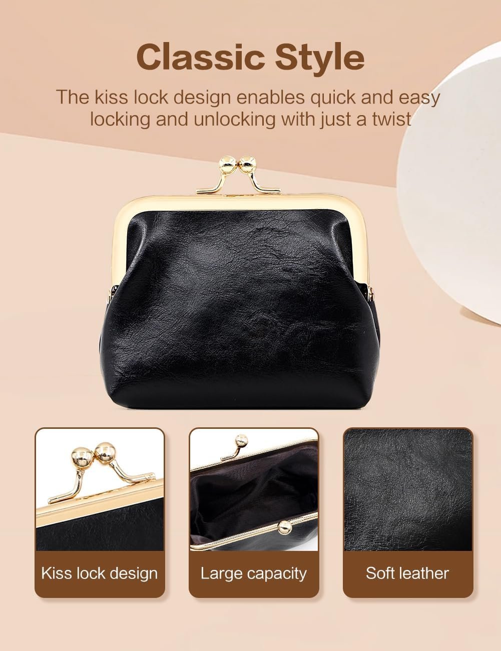 Private Label Women's Small Vintage PU Leather Coin Purse Rectangle Kiss Lock Change Pouch Custom Logo Pocket-Sized Mini Solid Brown Manufacturer