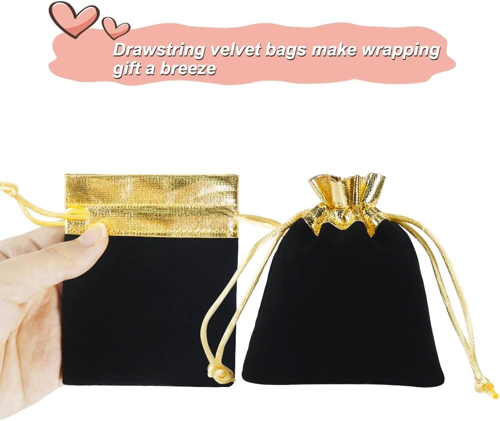 Factory Custom Logo 3x4 Inch Black Gold Velvet Drawstring Pouches 20pcs Private Label for Jewelry Small Gifts