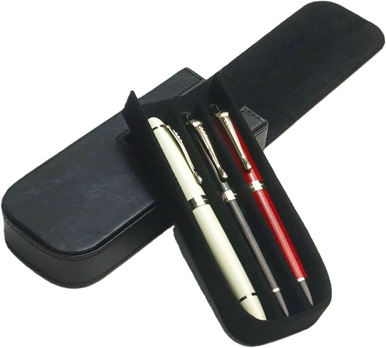 Manufacturer Leather Triple Pen Case Private Label Pencil Pouch Holder for Three Fountain Ballpoint Rollerball Pens and Pencils Custom Logo Office Gift Black