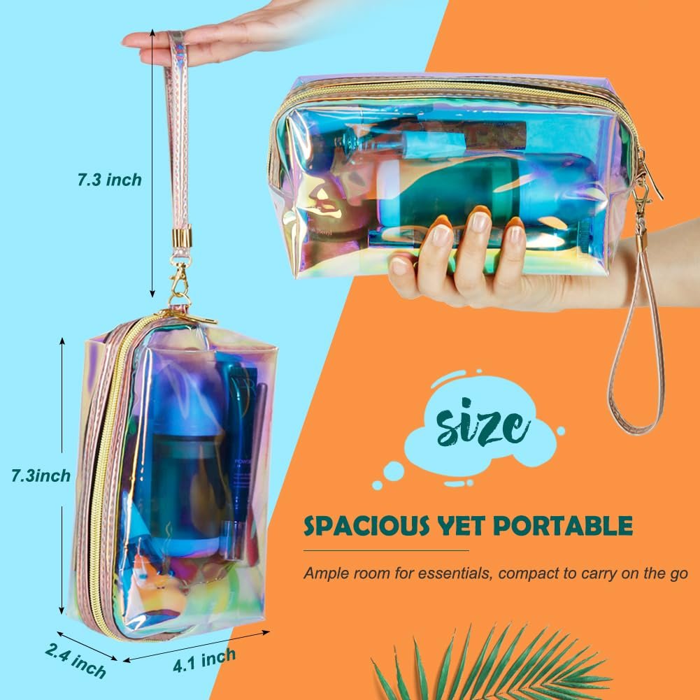 Private Label 2pcs Clear Iridescent Holographic Makeup Bag Custom Logo Travel Cosmetic Pouches Zipper Toiletry Organizer Case for Purse Diaper Beach Bag Manufacturer