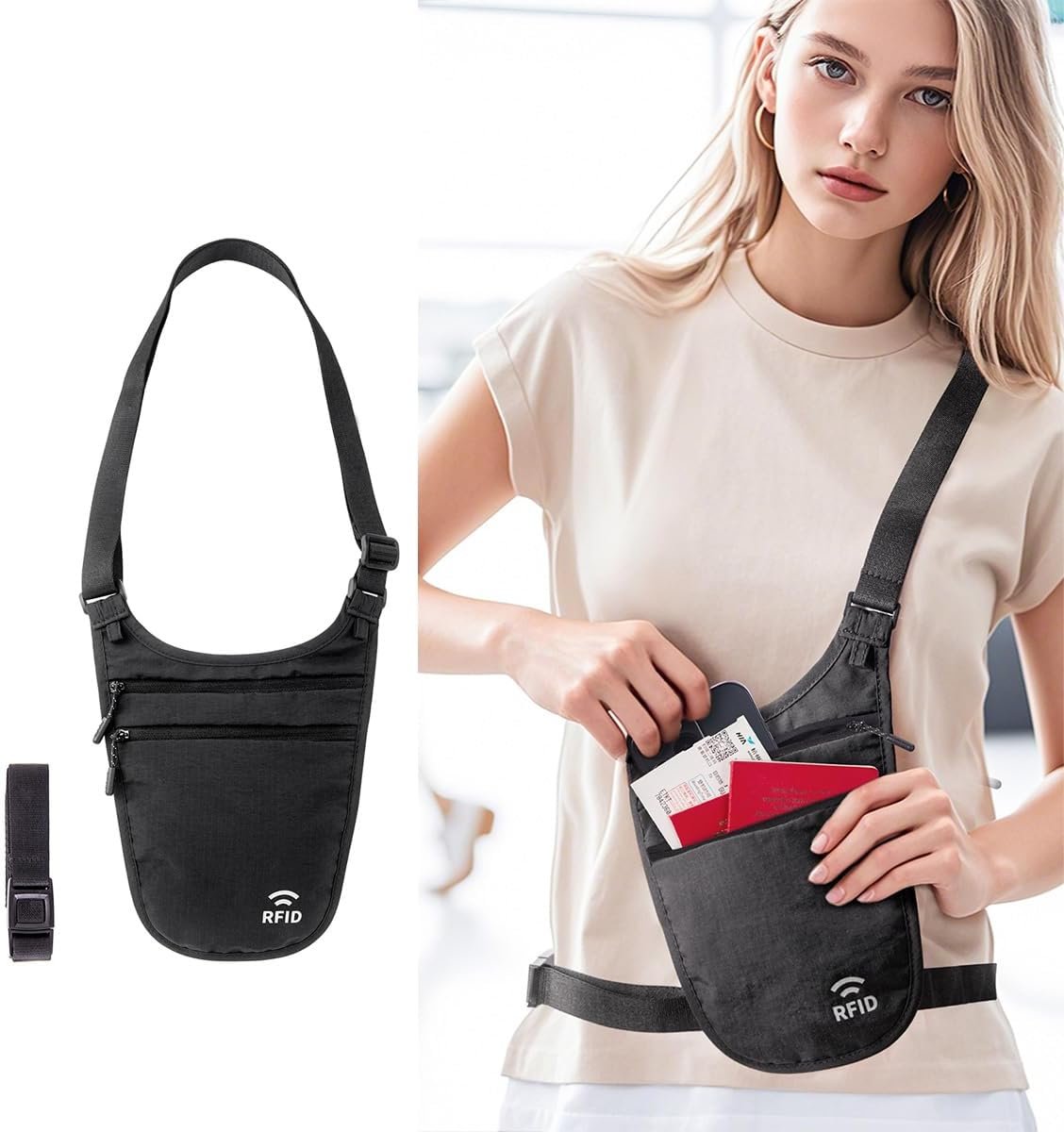 Private Label Crossbody Money Belt for Travel Women & Men - Custom Logo Hidden Slim Passport Holder RFID Blocking Neck Wallet Under Clothes from Manufacturer (Black)