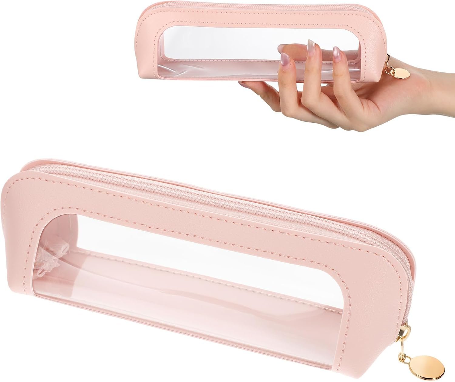 Manufacturer Small Clear PU Leather Makeup Brush Bag, Custom Logo Portable Zipper Pouch, Private Label Multi-use Cosmetic Organizer for Women (Pink)