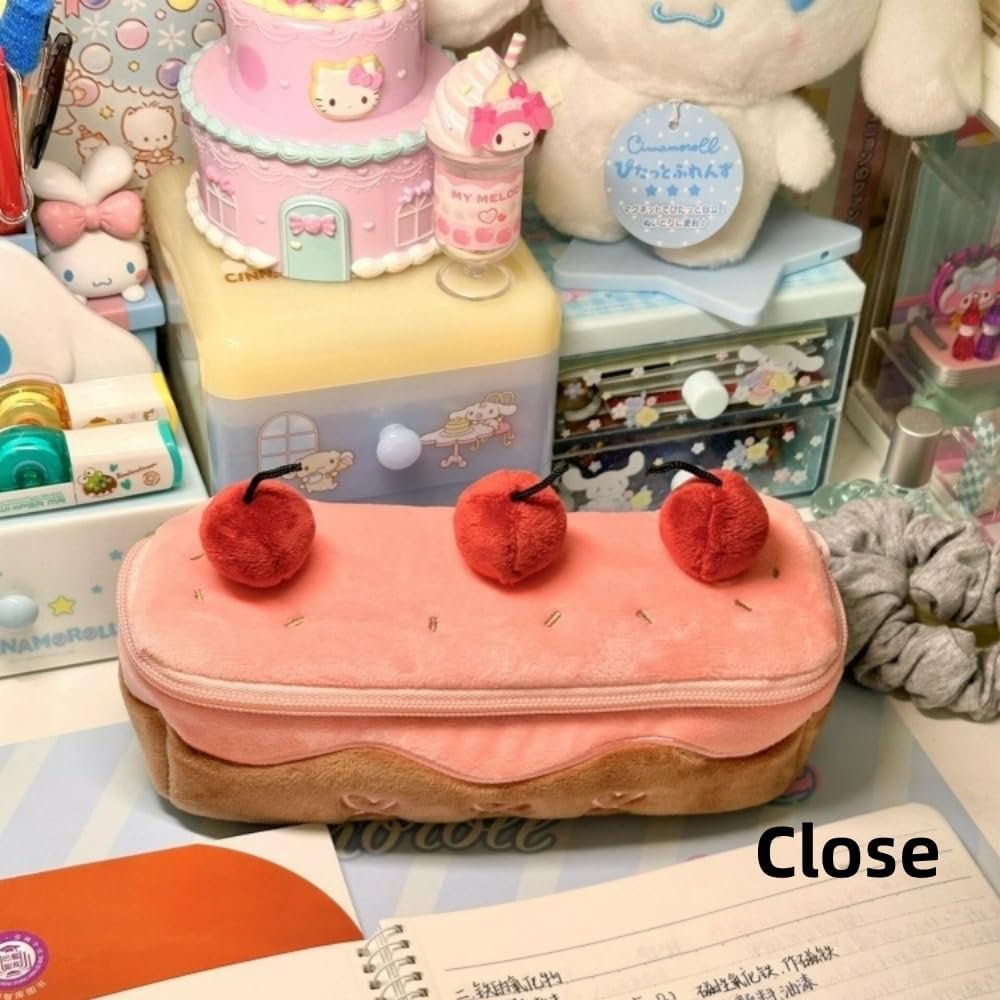 Custom Logo Cherry Cake Big Capacity Pencil Case Private Label Plush Pen Holder Pouch Cute Aesthetic Manufacturer