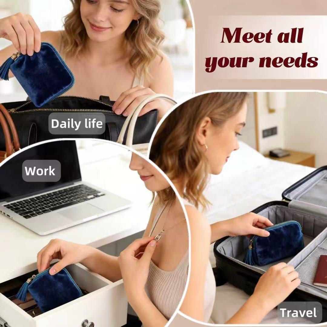 Custom Logo Small Travel Jewelry Case for Women - Manufacturer 5-Layer Velvet Zipper Organizer Pouch - Private Label Anti-Scratch Portable Bag for Bracelets Rings Earrings Necklaces (Ocean Blue)