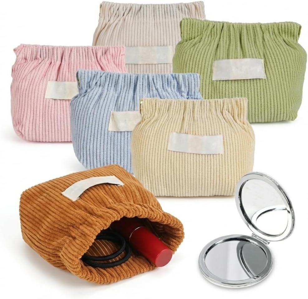 Custom Logo 7-IN-1 Corduroy Makeup Bag Set (6 Bags + 1 Mirror) Squeeze-to-Open Private Label Mini Pouch for Purse No-Zipper Cosmetic Bag for Hair Ties Lipsticks Aesthetic Travel Organizer for Women Manufacturer