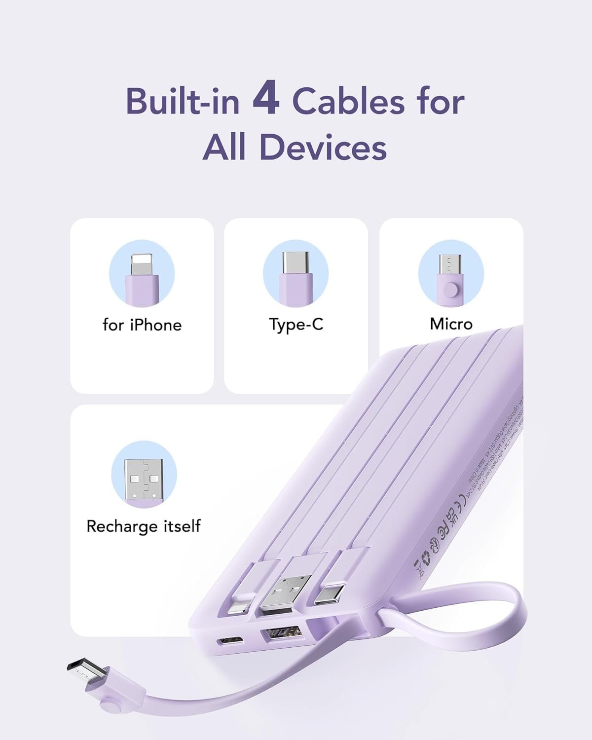 Custom Logo 10000mAh Portable Charger Power Bank Private Label Slim Travel Essentials Battery Pack 5 Outputs 2 Inputs Built-in Cables for iPhone 17/16/15/14/13 Samsung Android Lavender 1 Pack from Manufacturer