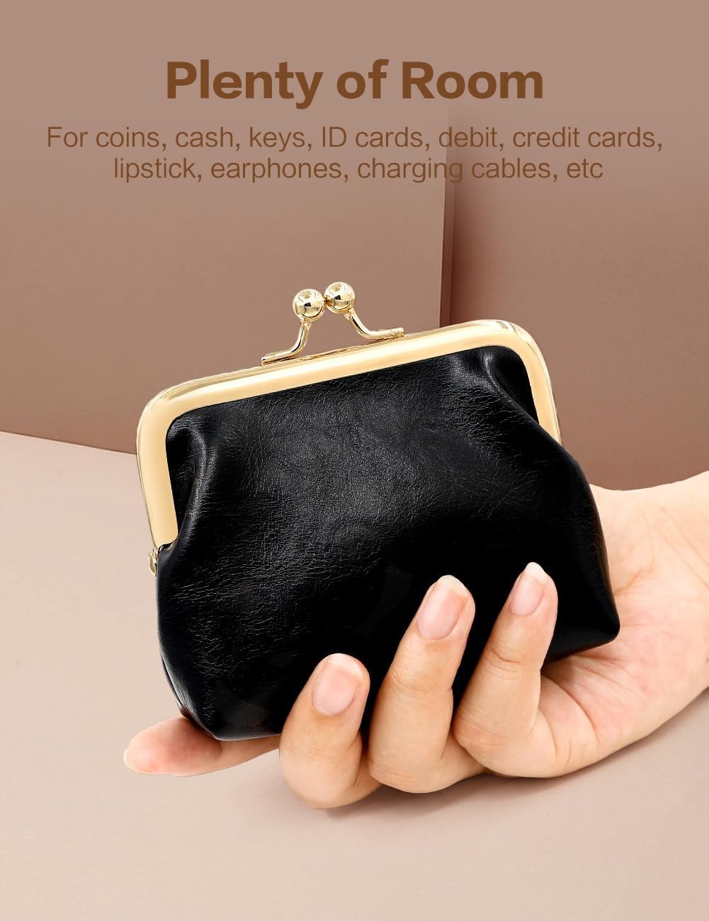 Private Label Women's Small Vintage PU Leather Coin Purse Rectangle Kiss Lock Change Pouch Custom Logo Pocket-Sized Mini Solid Brown Manufacturer