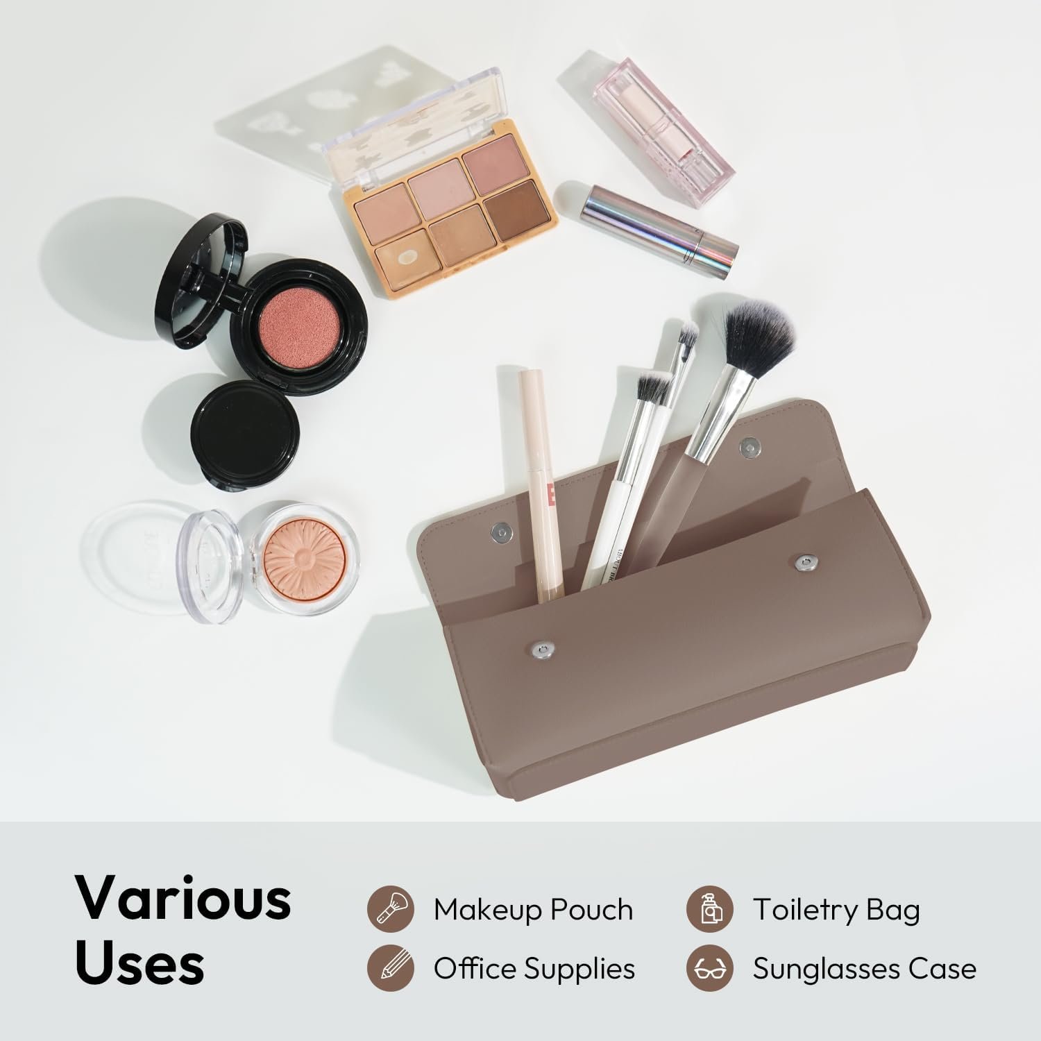 Private Label Stylish PU Leather Small Makeup Organizer Versatile Travel Toiletry Bag Cosmetic Pouch with Custom Logo Ideal Makeup Brush Holder Sunglasses Case for Women Cocoa Brown Manufacturer