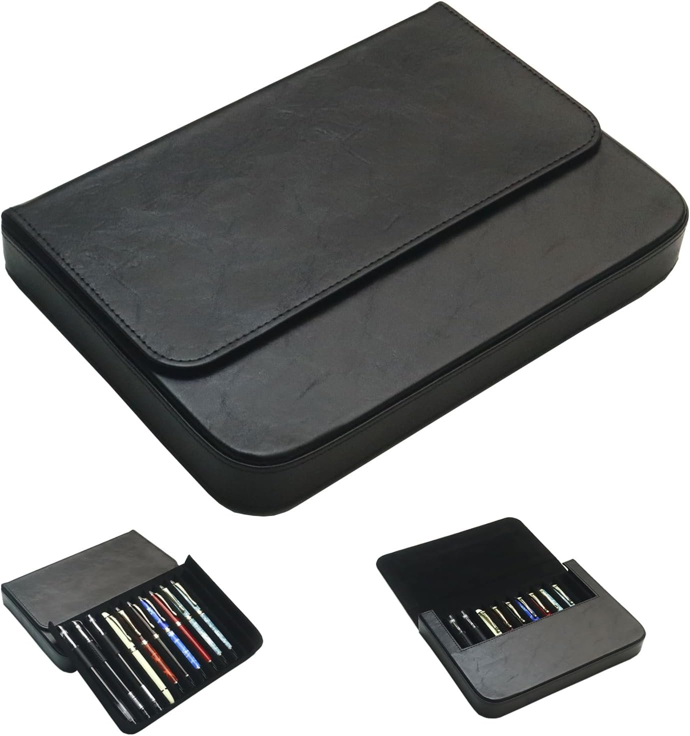 Private Label PU Leather 12 Fountain Pen/Pencil Tray Case Organizer Handmade Fashion Design Magnetic Closure with Drawer Custom Logo 12 Slots Black Manufacturer