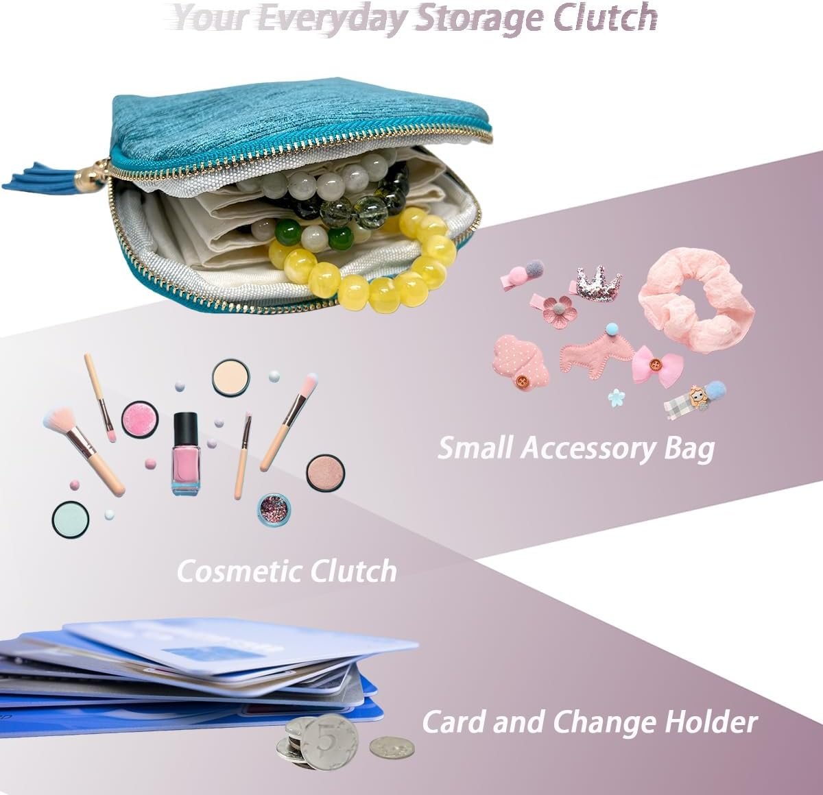 Private Label Travel Jewelry Case Small Organizer Storage Bag with Zipper & Tassel Custom Logo 5 Pockets for Necklaces Bracelets Earrings Rings (3.5 x 3.3 Inch Inner Bag Lake Blue) Factory