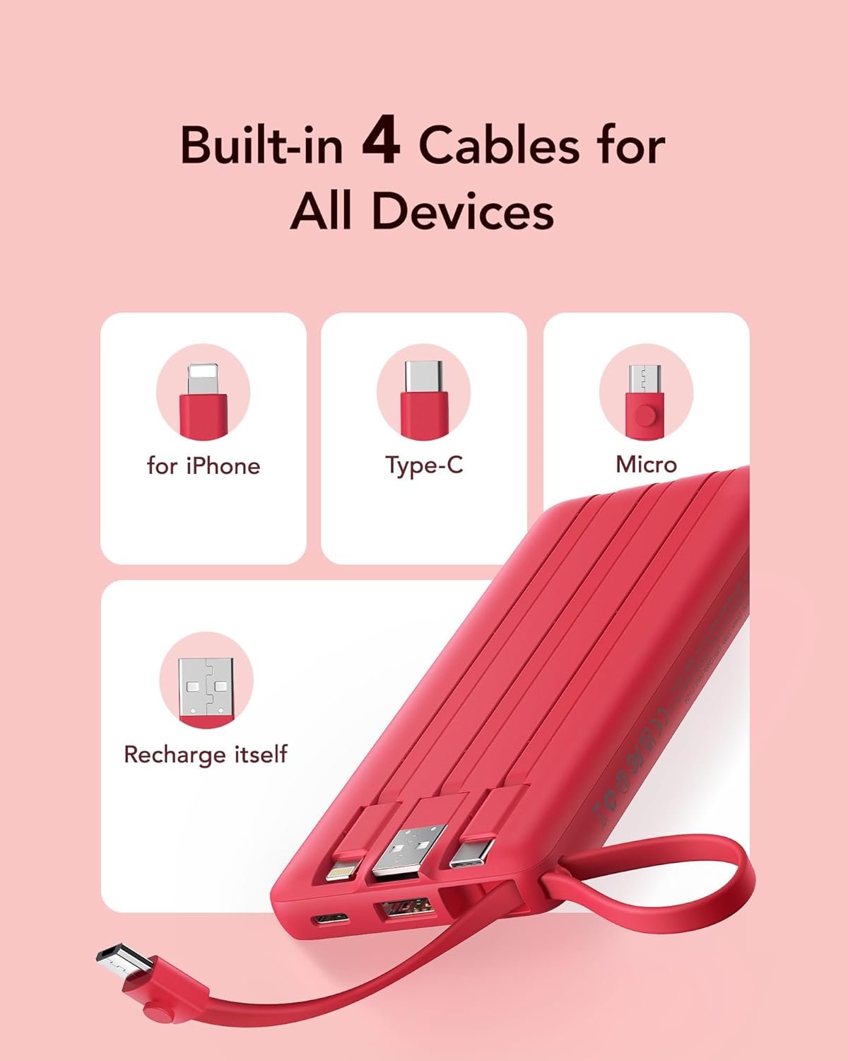 Private Label 10000mAh Portable Charger Manufacturer Power Bank Built-in Cables Slim Compact Travel Essential 5 Outputs 2 Inputs USB C Battery Pack for iPhone 17 16 15 14 13 Samsung Android Custom Logo -Magenta
