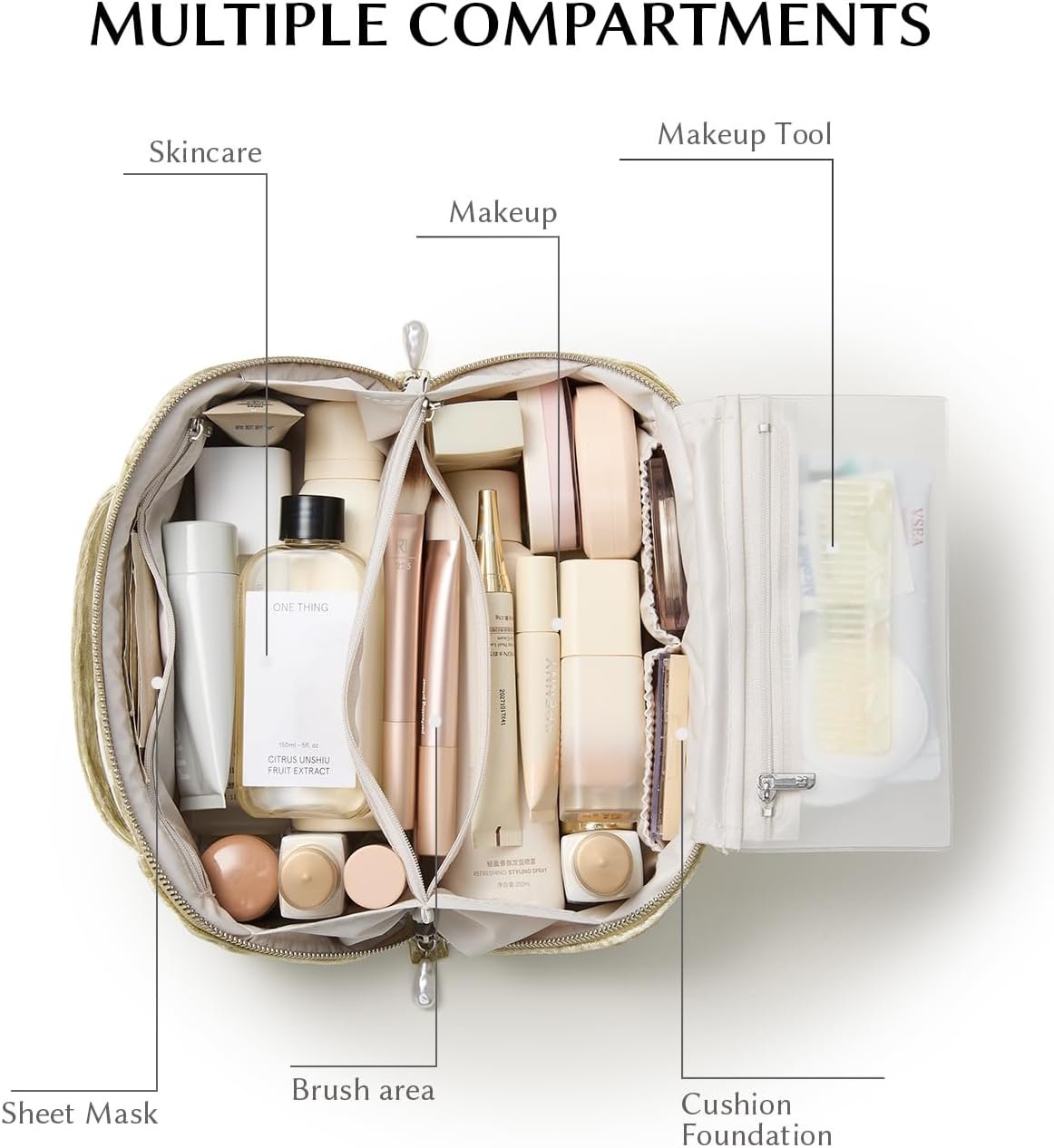 Custom Logo Velvet Travel Makeup Bag for Women Portable 180° Wide-Open Flat Toiletry Bag Private Label Large Capacity Organizer with Divider and Handle Manufacturer