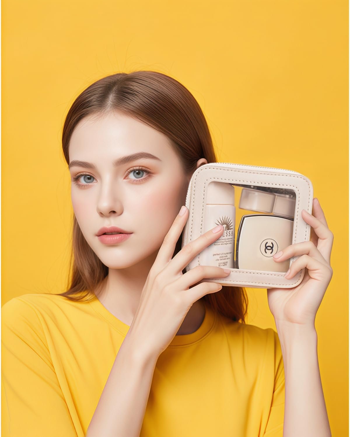 Private Label Small Clear Makeup Bags Manufacturer Mini Clear Pouch Purse Organizer for Travel Essentials Custom Logo Cosmetic Bags Mini-Beige