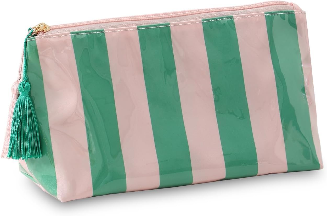 Private Label Small Clear Coated Waterproof Makeup Cosmetic Bags with Custom Logo for Women Girls Travel Purse Organizer Zipper Pouch Beach Vacation Essentials, Manufacturer Pink-Green