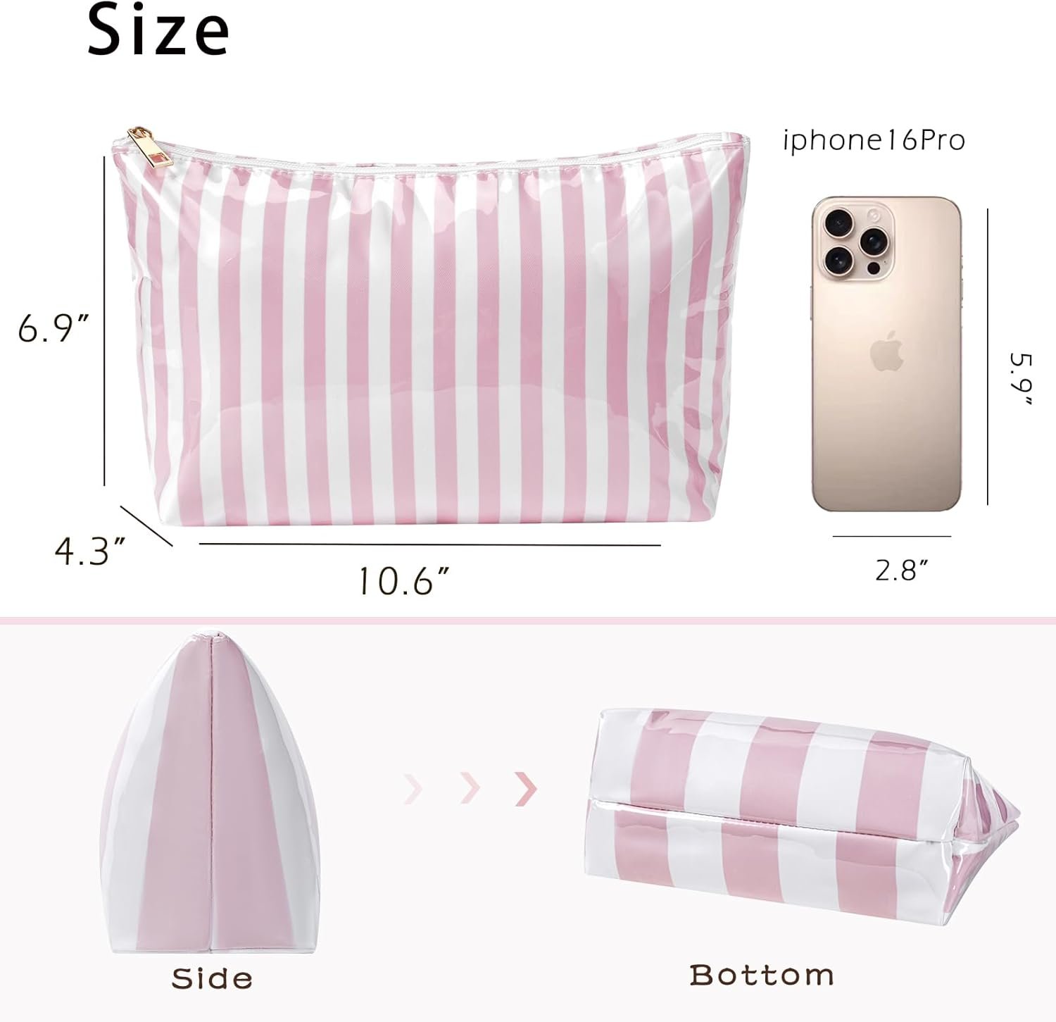 Private Label Large PVC Waterproof Striped Makeup Bag Custom Logo Clear Coated Cosmetic Organizer Easy Clean Zipper Pouch Beach Vacation Essentials Manufacturer Pink Stripe for Women Girls
