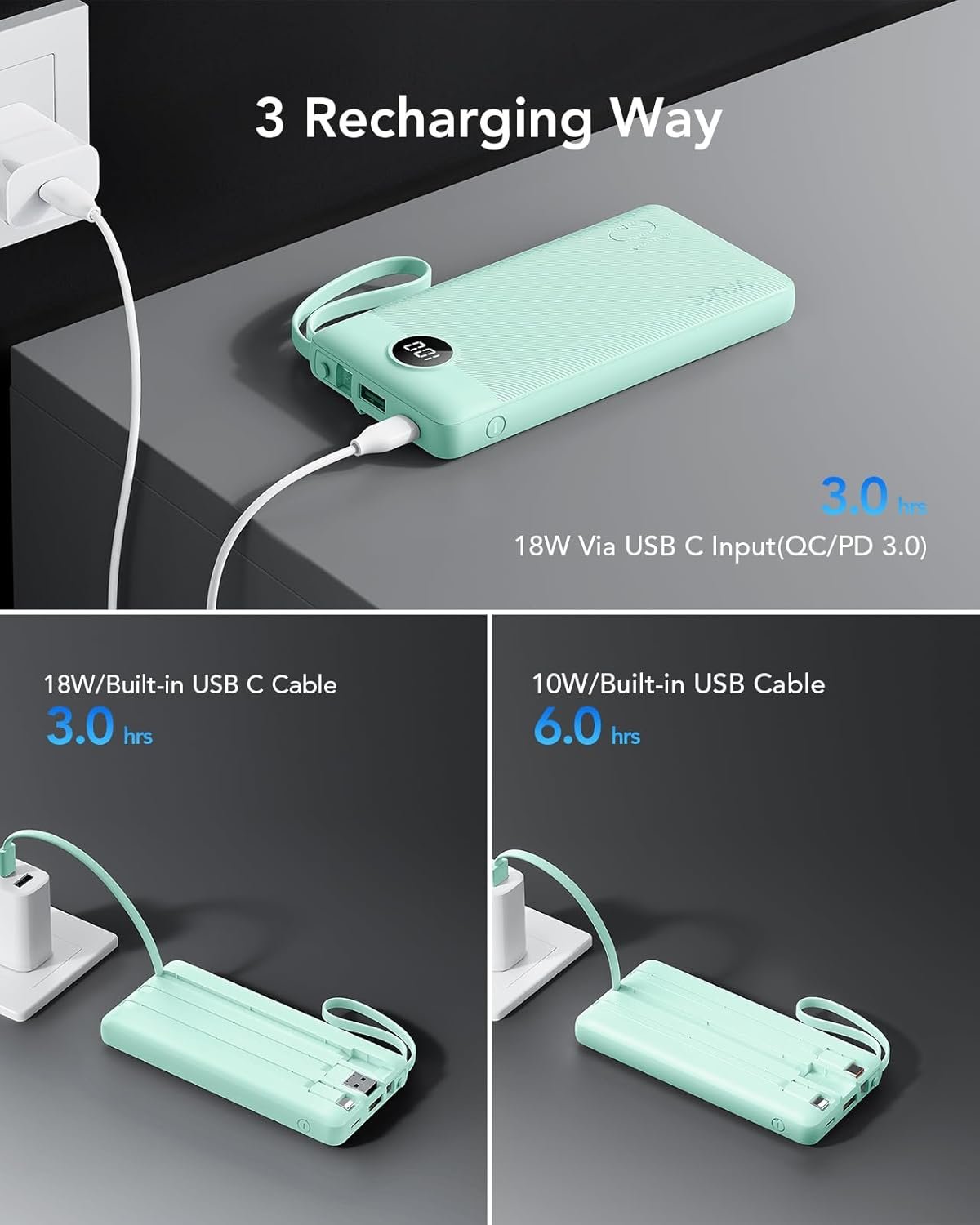 Custom Logo Portable Charger with Built-in Cables 22.5W Fast Charging USB C Power Bank 10000mAh Private Label Compact Battery Pack for iPhone 17/16/15/14/13 Samsung Galaxy Green Factory 1 Pack
