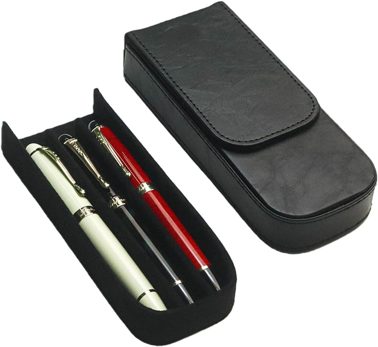 Manufacturer Leather Triple Pen Case Private Label Pencil Pouch Holder for Three Fountain Ballpoint Rollerball Pens and Pencils Custom Logo Office Gift Black