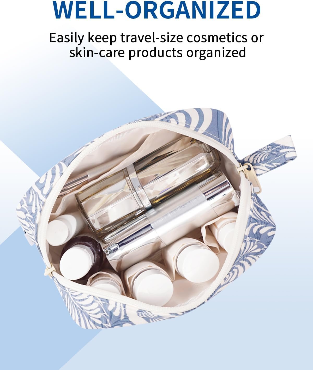 Private Label Mini Makeup Bag with Zipper, Custom Logo Organized Pockets Pouch for Women Manufacturer (Blue Leaf, Small)