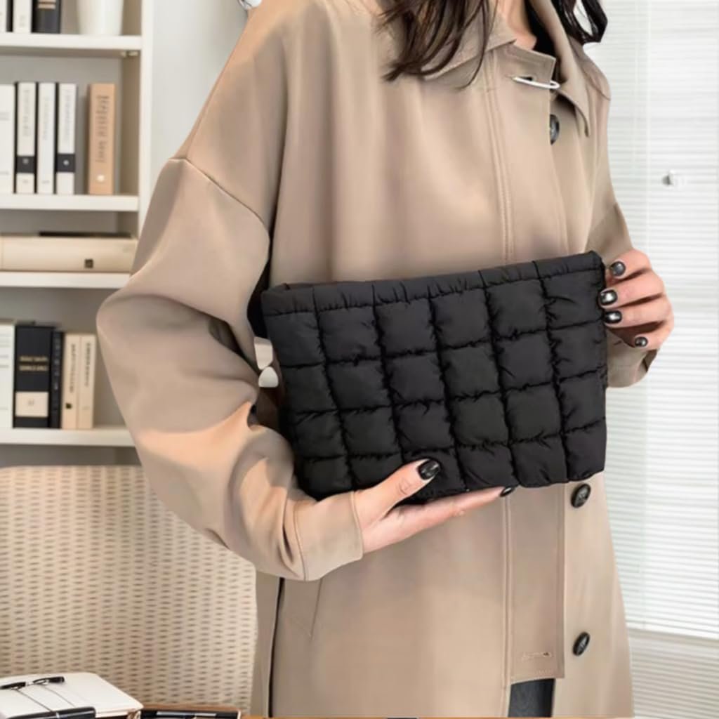 Private Label Soft Checkered Quilted Puffy Makeup Bag for Women Custom Logo Aesthetic Puffer Cosmetic Bag Pouch for Purse Manufacturer (Black)