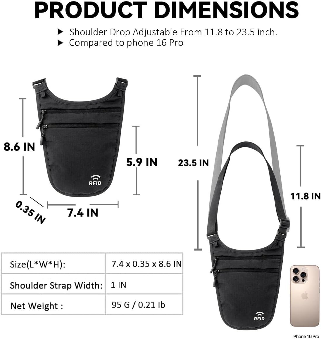 Private Label Crossbody Money Belt for Travel Women & Men - Custom Logo Hidden Slim Passport Holder RFID Blocking Neck Wallet Under Clothes from Manufacturer (Black)