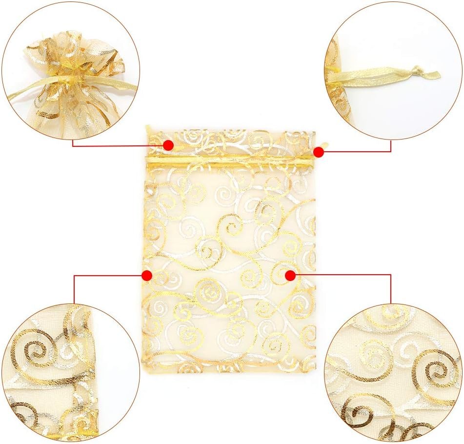 Custom Logo Gold Sheer Organza Gift Bags 100Pcs 4x6 Inch Private Label Mesh Drawstring Favor Bags Rattan Printed Pouches for Wedding Party Bridal Shower Christmas Candy Jewelry Manufacturer