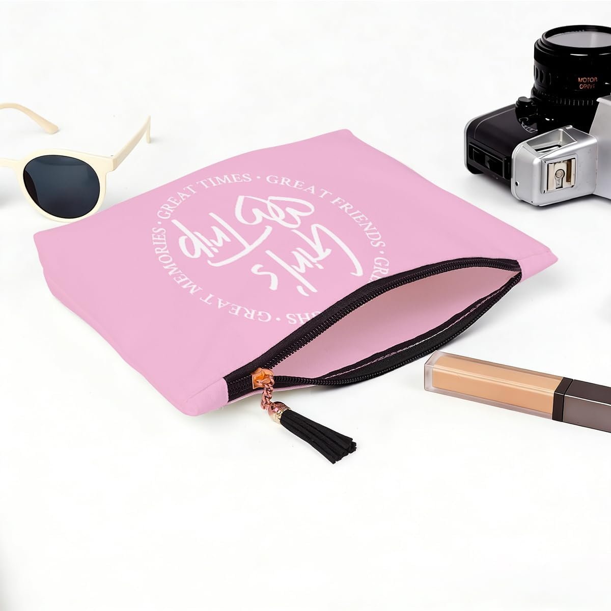 Private Label Pink Girls Trip Weekend Travel Makeup Bags Pouches with Custom Logo for Friends Besties Sisters Women Daughters Moms Coworkers Manufacturer 9.4 x 6.9 x 1.9 Inches