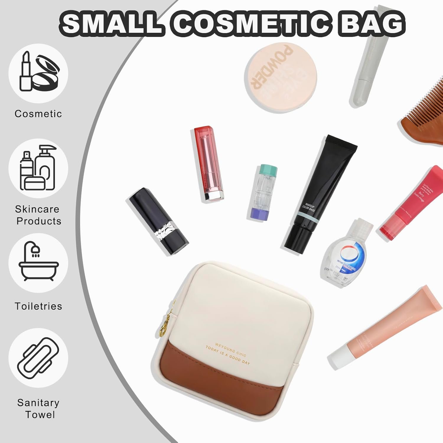 Custom Logo Small PU Leather Makeup Bag for Purse - Private Label Mini Travel Cosmetic Pouch Toiletry Organizer with Interior Pockets Zipper for Women Beige Manufacturer