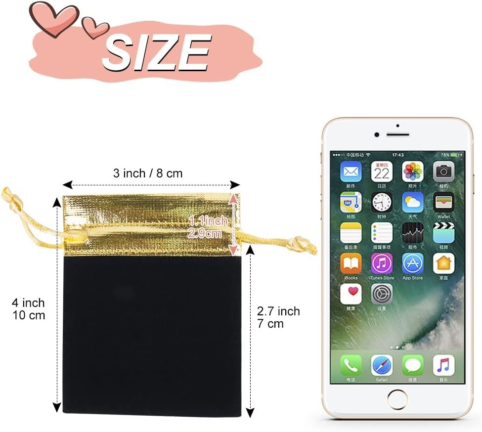 Factory Custom Logo 3x4 Inch Black Gold Velvet Drawstring Pouches 20pcs Private Label for Jewelry Small Gifts