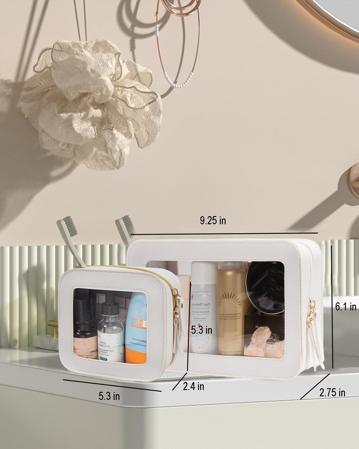 Custom Logo 2 Pcs Small Clear Waterproof Makeup Bag Set with Zipper, Private Label Travel Cosmetic Case Mini Pouch for Women Car Organizer Essentials (White), Manufacturer