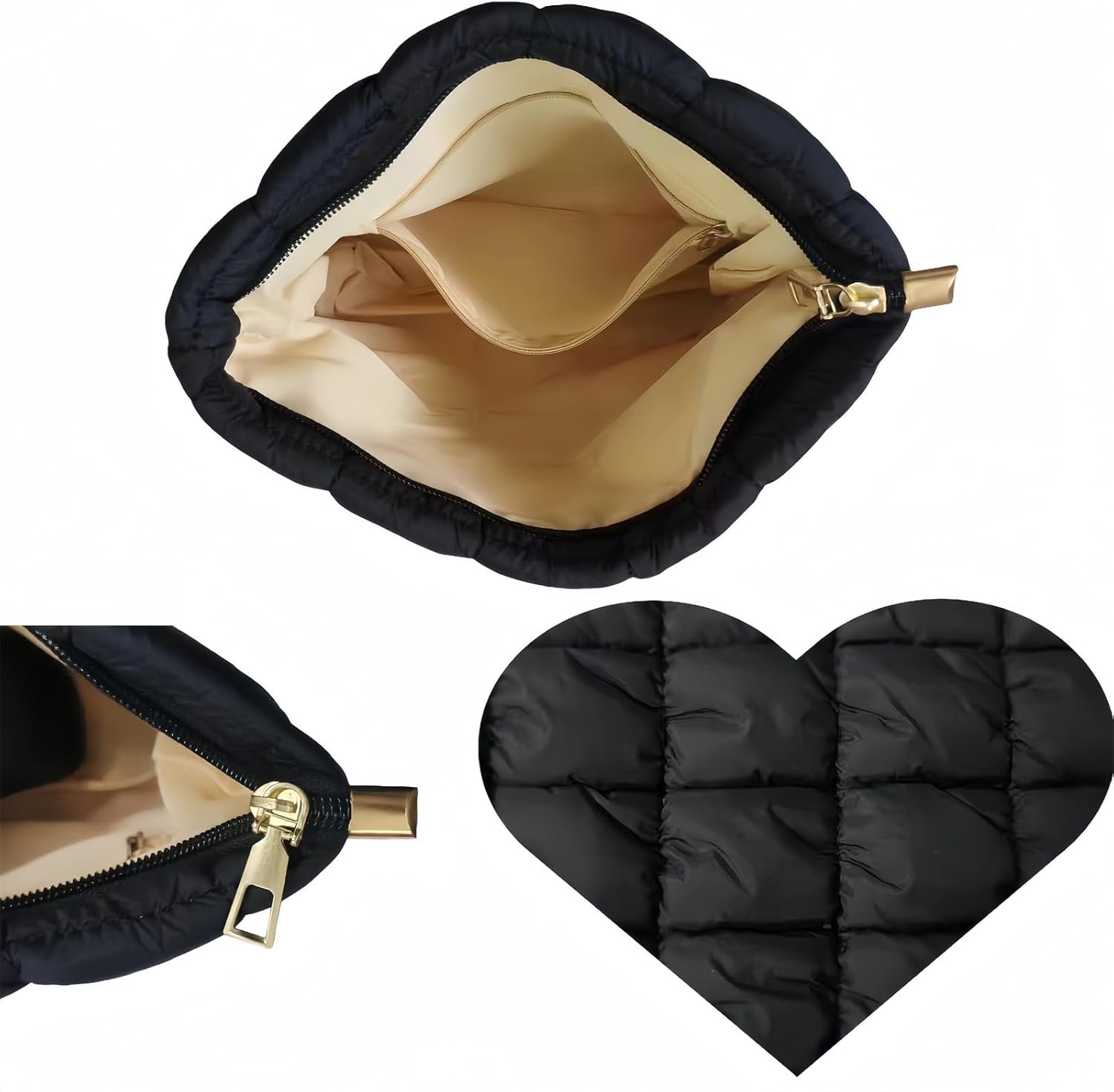 Private Label Soft Checkered Quilted Puffy Makeup Bag for Women Custom Logo Aesthetic Puffer Cosmetic Bag Pouch for Purse Manufacturer (Black)