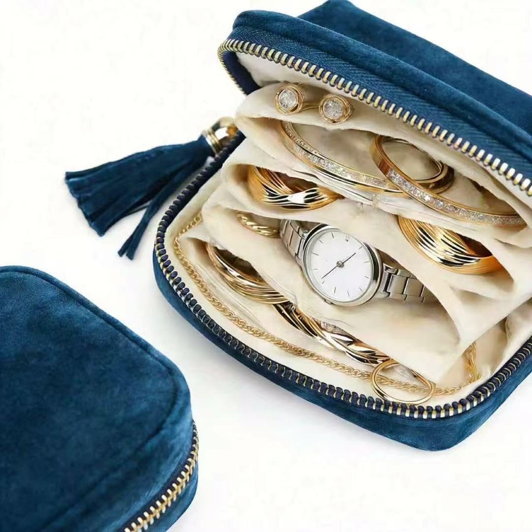 Custom Logo Small Travel Jewelry Case for Women 5-Layer Velvet Organizer Pouch with Zipper Private Label Anti-Scratch Portable Bag for Bracelets Rings Earrings Necklaces from Factory (Gem Blue)